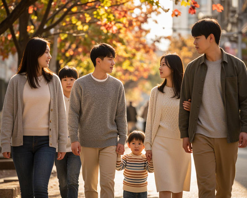 A heartwarming scene of a diverse family in a Korean park