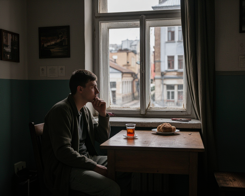 A contemplative scene in a Russian apartment